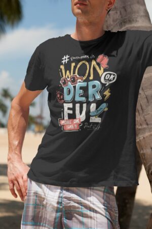 mockup of a young man wearing a crew neck t shirt at the beach 2748 el1