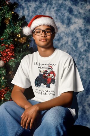 retro mockup of an ai generated man with a tee in a christmas themed studio setting m52129